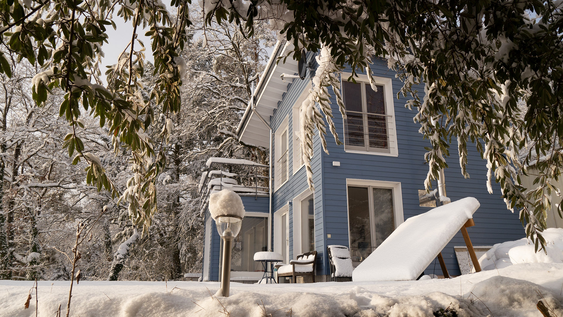 Ganzes Haus im Schnee mit Büschen